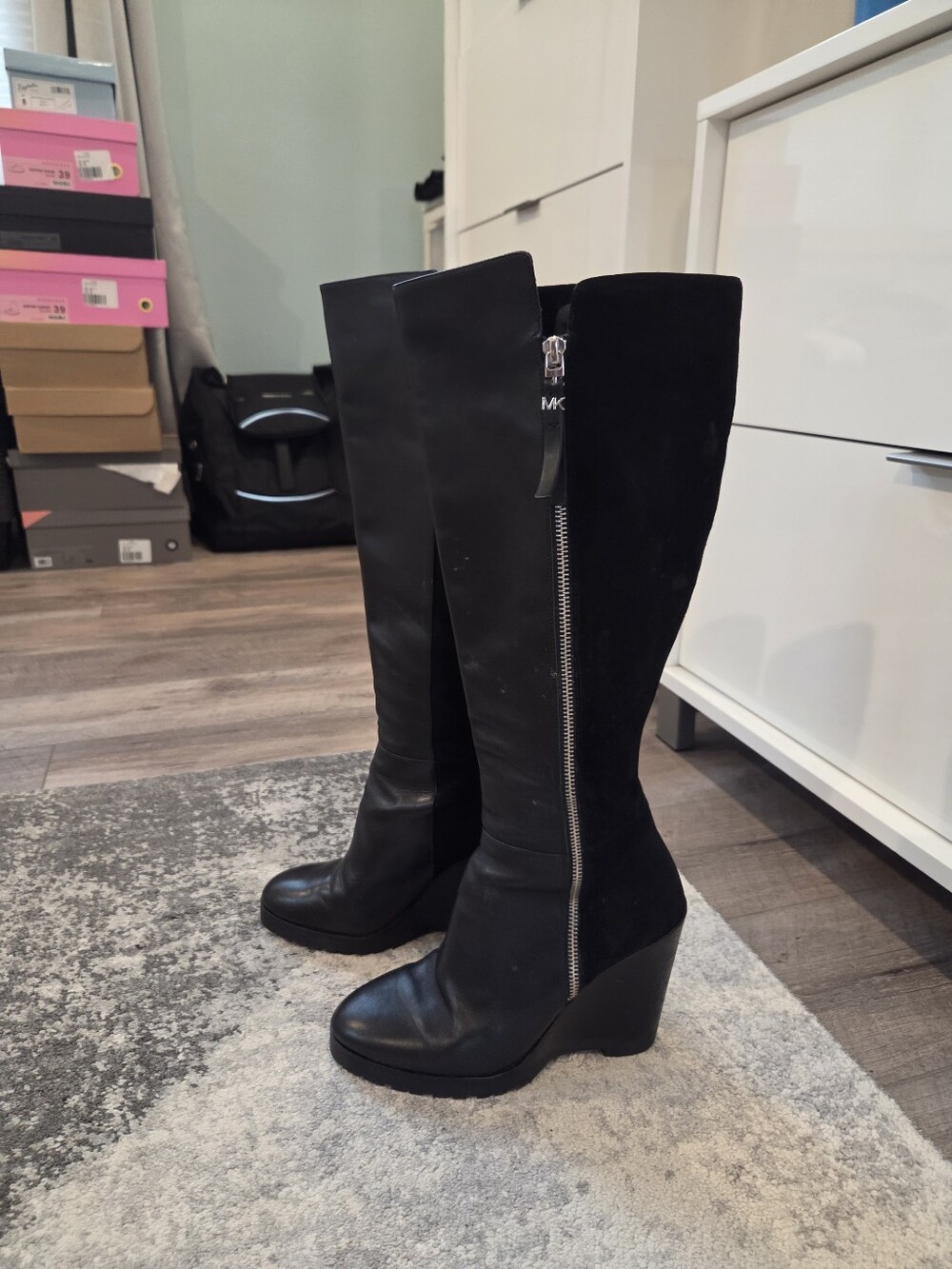 Michael Kors Black Leather Wedge Knee-High Boots